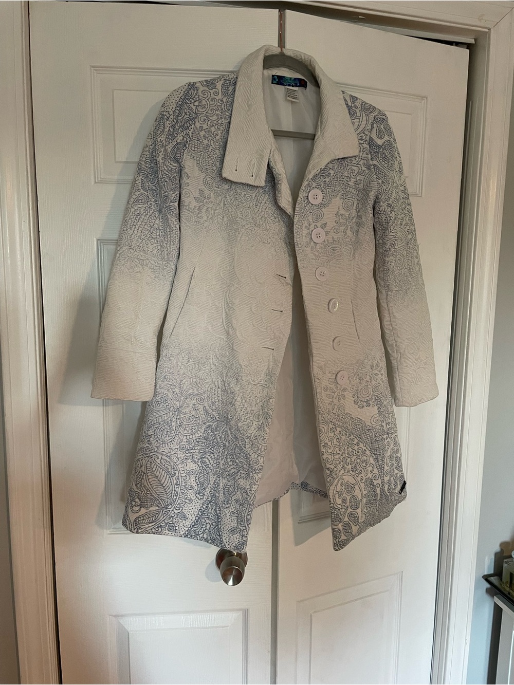 Desigual Cream and Light Blue Paisley Trench Coat